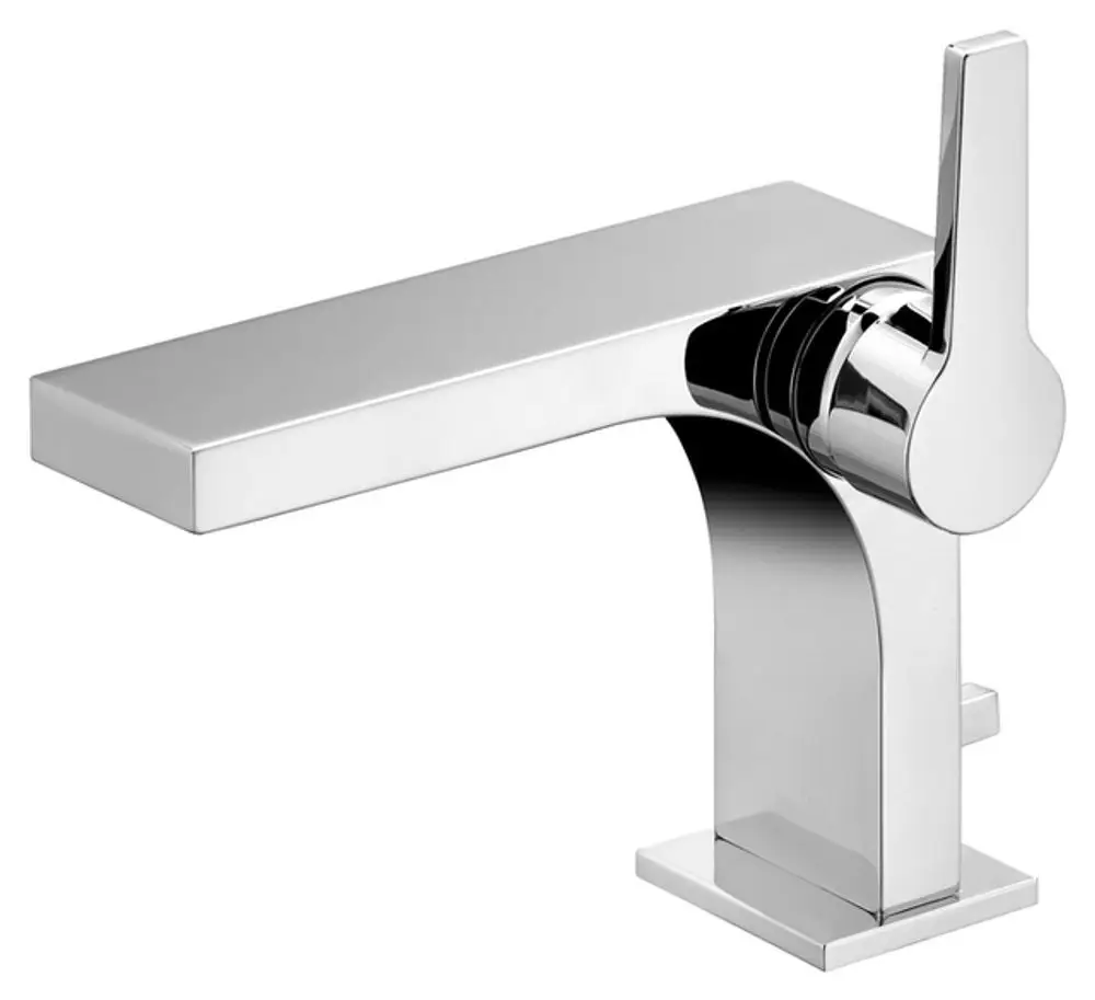 Verchromter Kranarm von Keuco mit rechteckigem Auslauf und seitlichem Griff zur Steuerung des Wasserflusses. Modernes, funktionales Design.